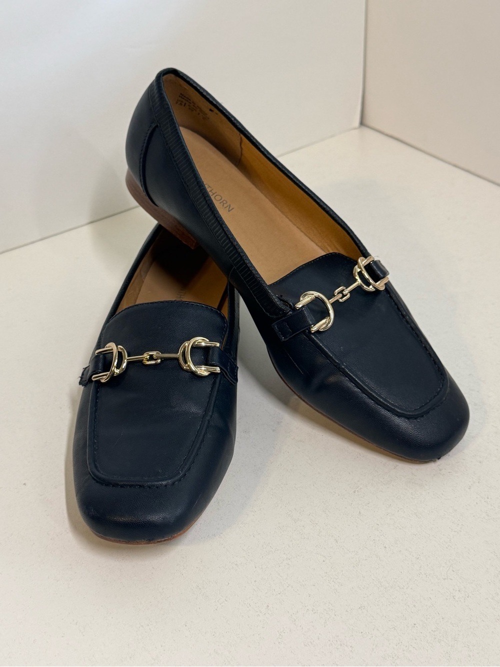 41 Hawthorn Navy Leather Loafers with Gold Bit Hardware